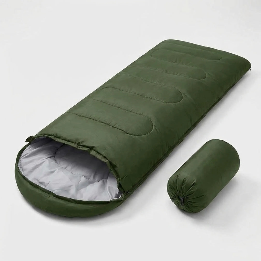 Compact & ultralight envelope sleeping bag packed for backpacking. Essential 4 season camping gear.