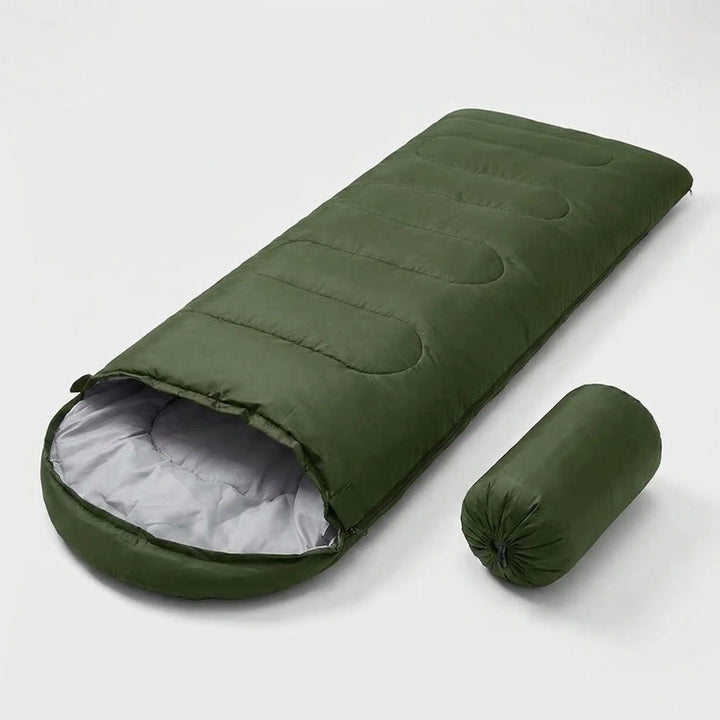 Compact & ultralight envelope sleeping bag packed for backpacking. Essential 4 season camping gear.
