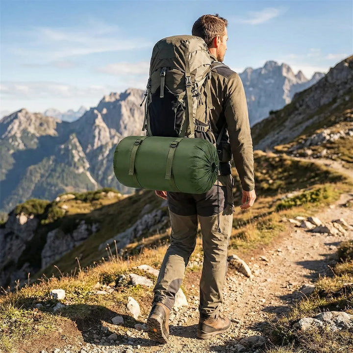 Open view of a comfortable, spacious envelope sleeping bag, perfect for 4 season hiking & camping.