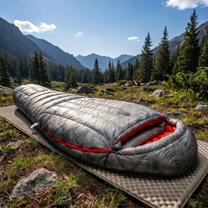 Unisex ultralight mummy down sleeping bag for backpacking, camping, and hiking. Three-season outdoor gear.