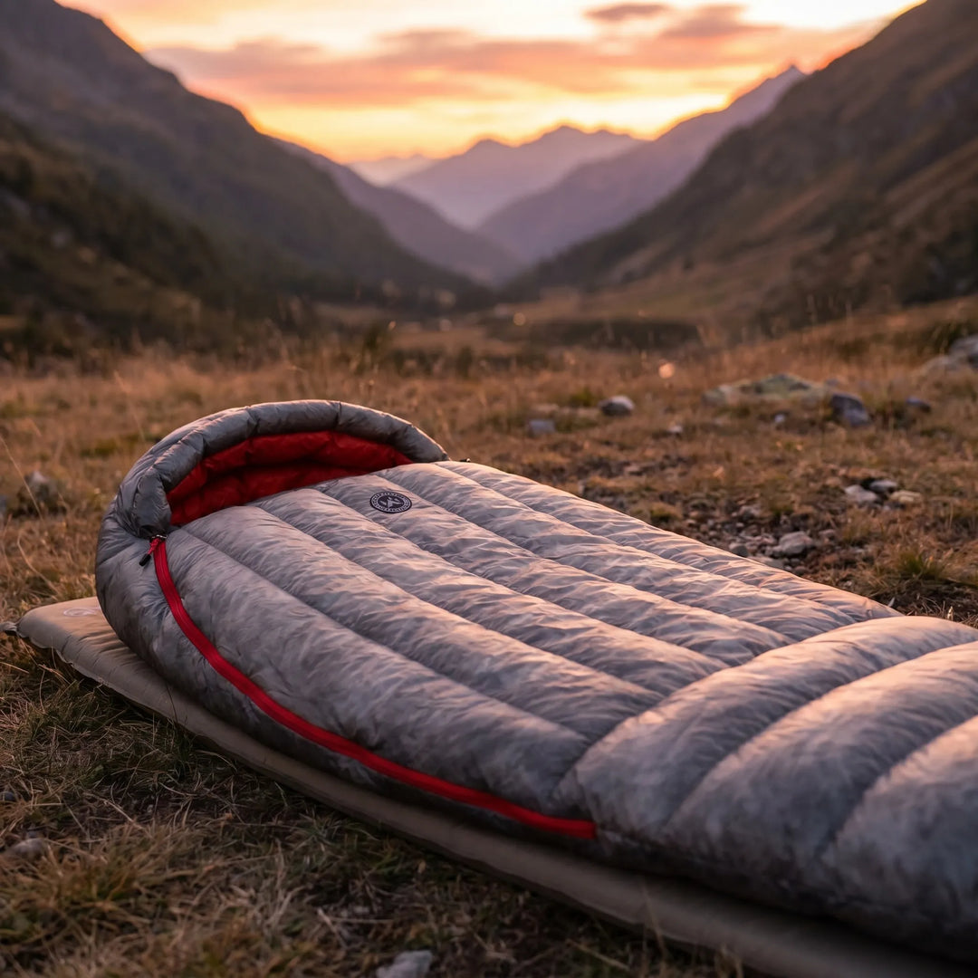 Ultralight down mummy sleeping bag, perfect for backpacking and travel. Compact outdoor gear for hikers.