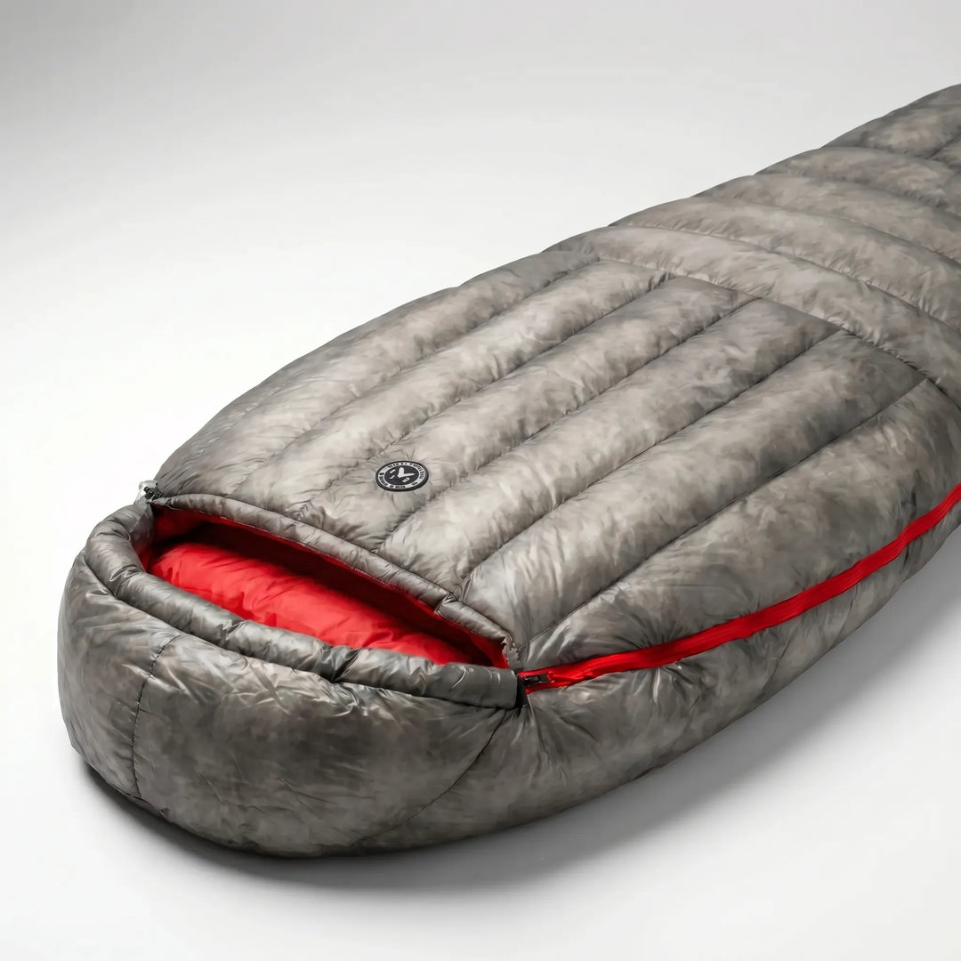 Warm mummy down sleeping bag, ultralight design for three-season camping and hiking. Essential outdoor gear.