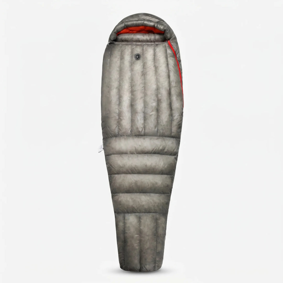 Top view of a unisex ultralight down mummy sleeping bag, ready for backpacking, camping, and hiking trips.