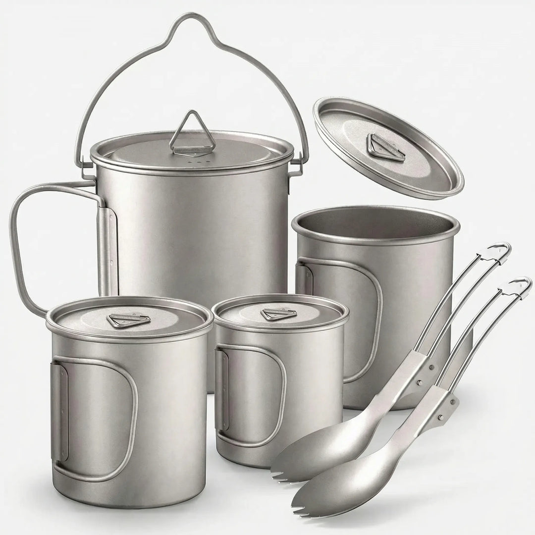 Unisex ultralight titanium camping cookware set for backpacking, outdoor cooking & hiking. Includes pot, mug & spork.