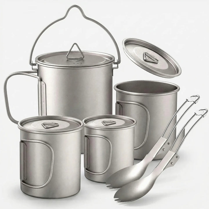Unisex ultralight titanium camping cookware set for backpacking, outdoor cooking & hiking. Includes pot, mug & spork.