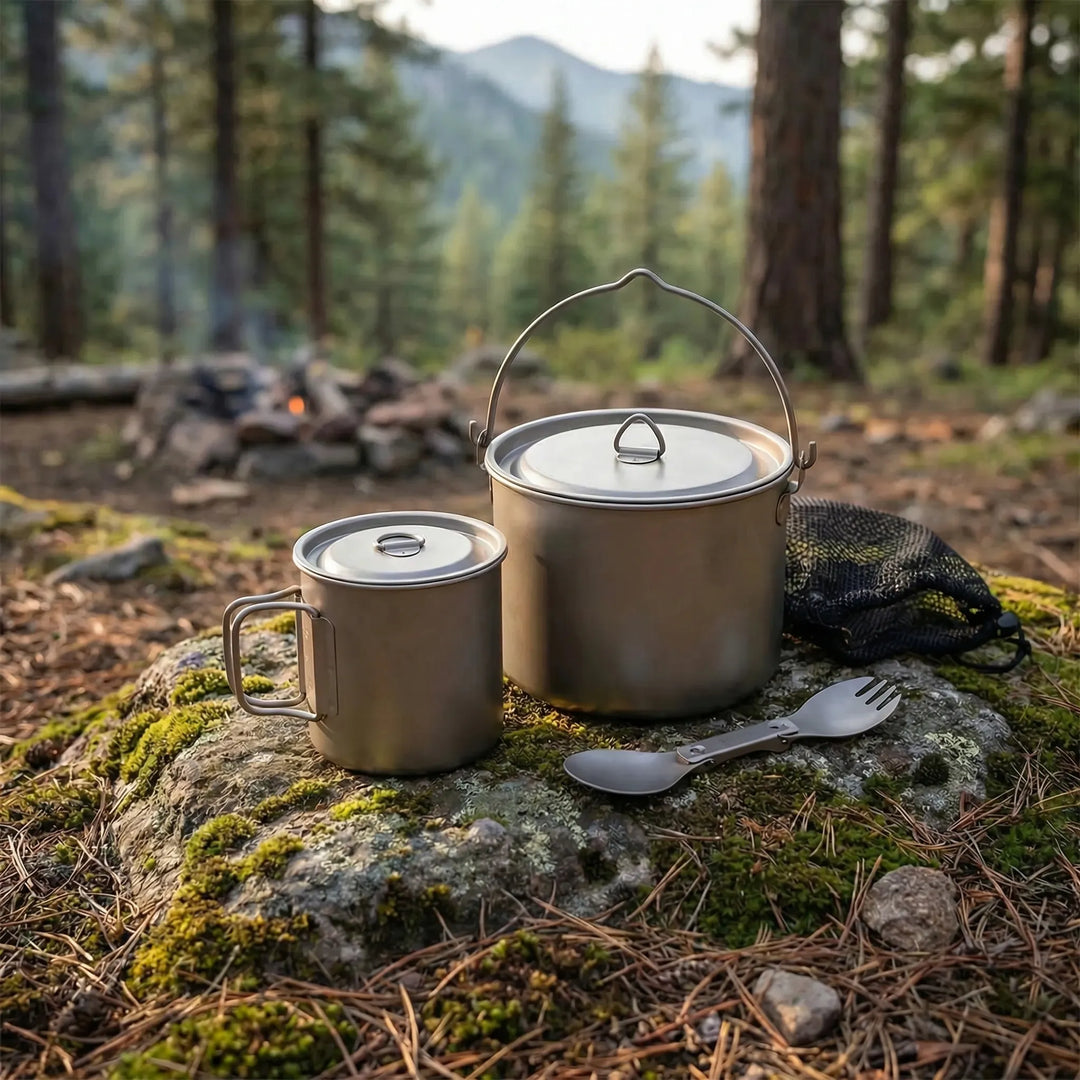 Titanium backpacking cookware set: ultralight camp pot, travel mug & spork, ideal for outdoor cooking & hiking.