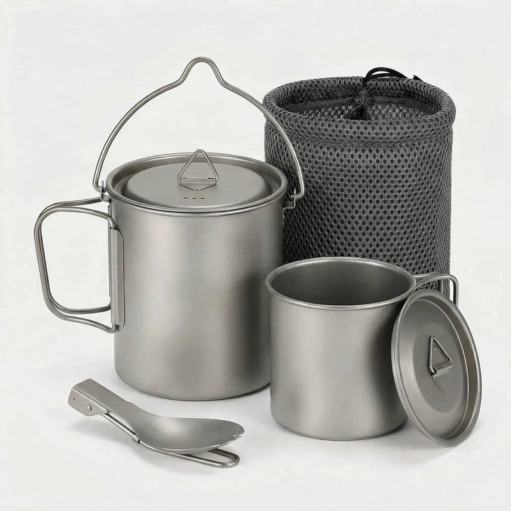 Ultralight titanium cookware set for camping & backpacking. Durable pot, mug & spork for efficient outdoor cooking.