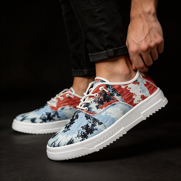 Unisex unique patterned sneakers for stylish, everyday wear. Comfortable, artistic design for men and women.