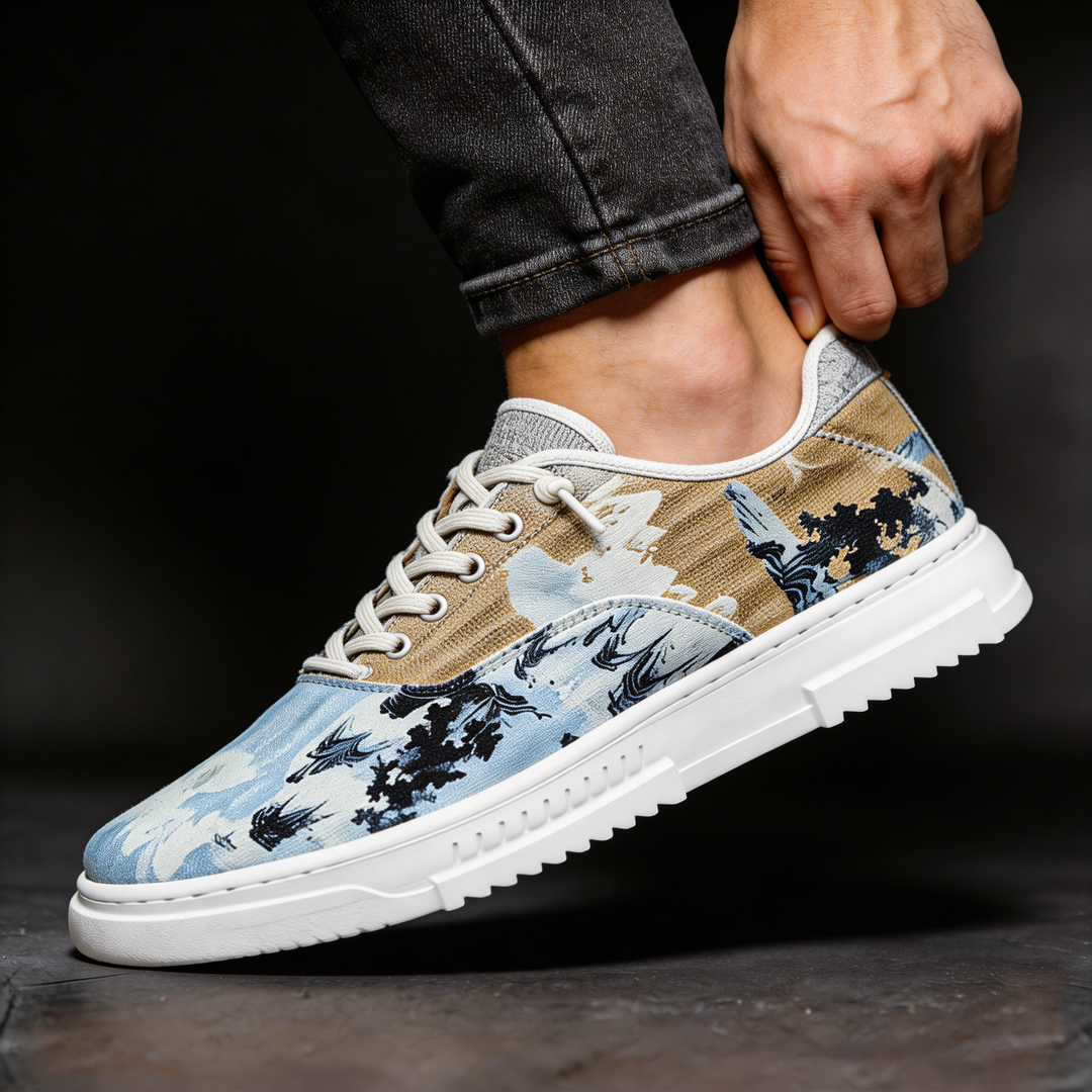 Comfortable unisex sneakers with unique red, green, & brown patterns. Stylish casual footwear for all-day wear.