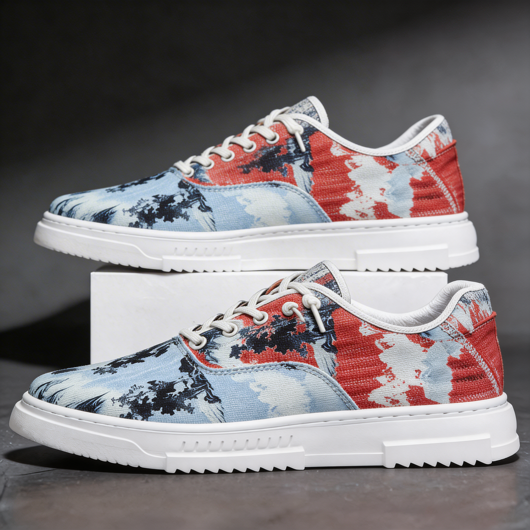 Artistic unique patterned unisex sneakers. Comfortable and stylish footwear for casual, everyday fashion.