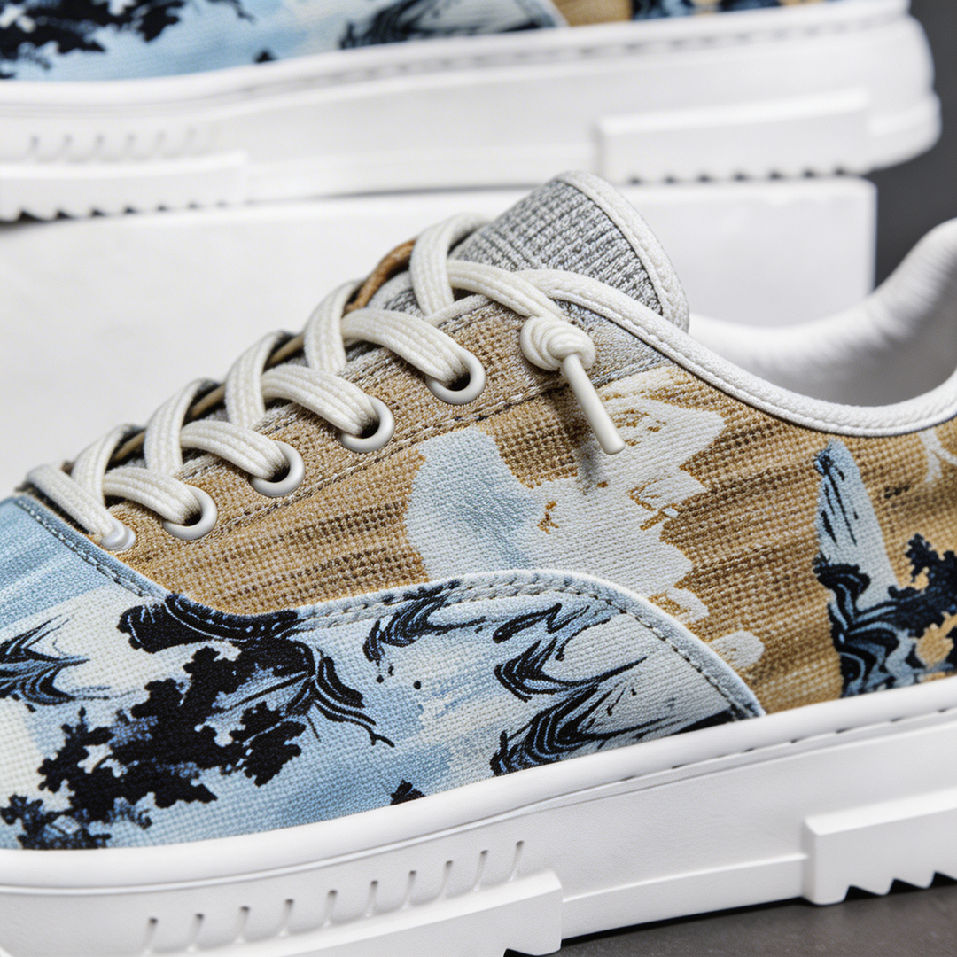 Stylish unisex sneakers with unique red, green, & brown patterns. Comfortable and fashionable casual footwear.