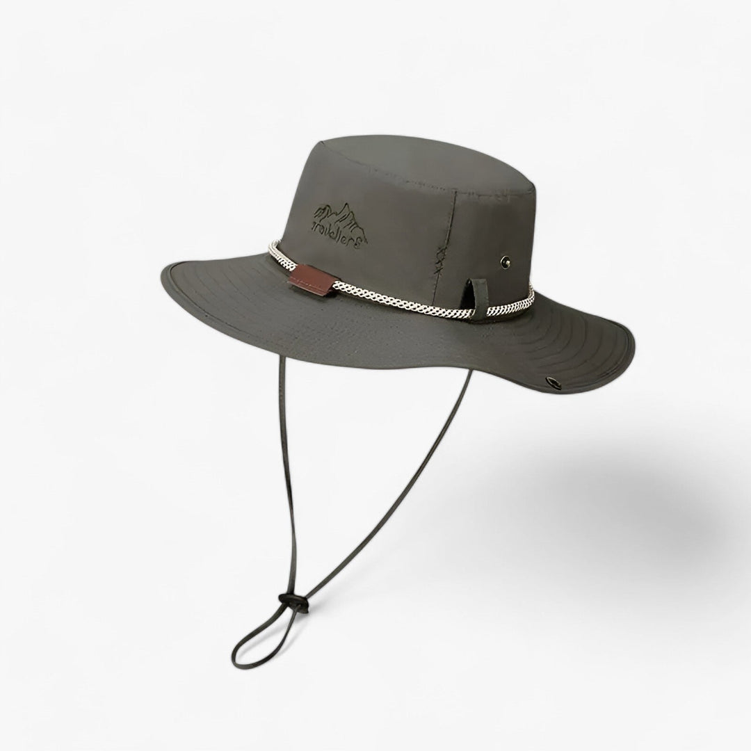 Close-up of a Johnny unisex waterproof bucket hat, highlighting its durable fabric and practical design for hiking.