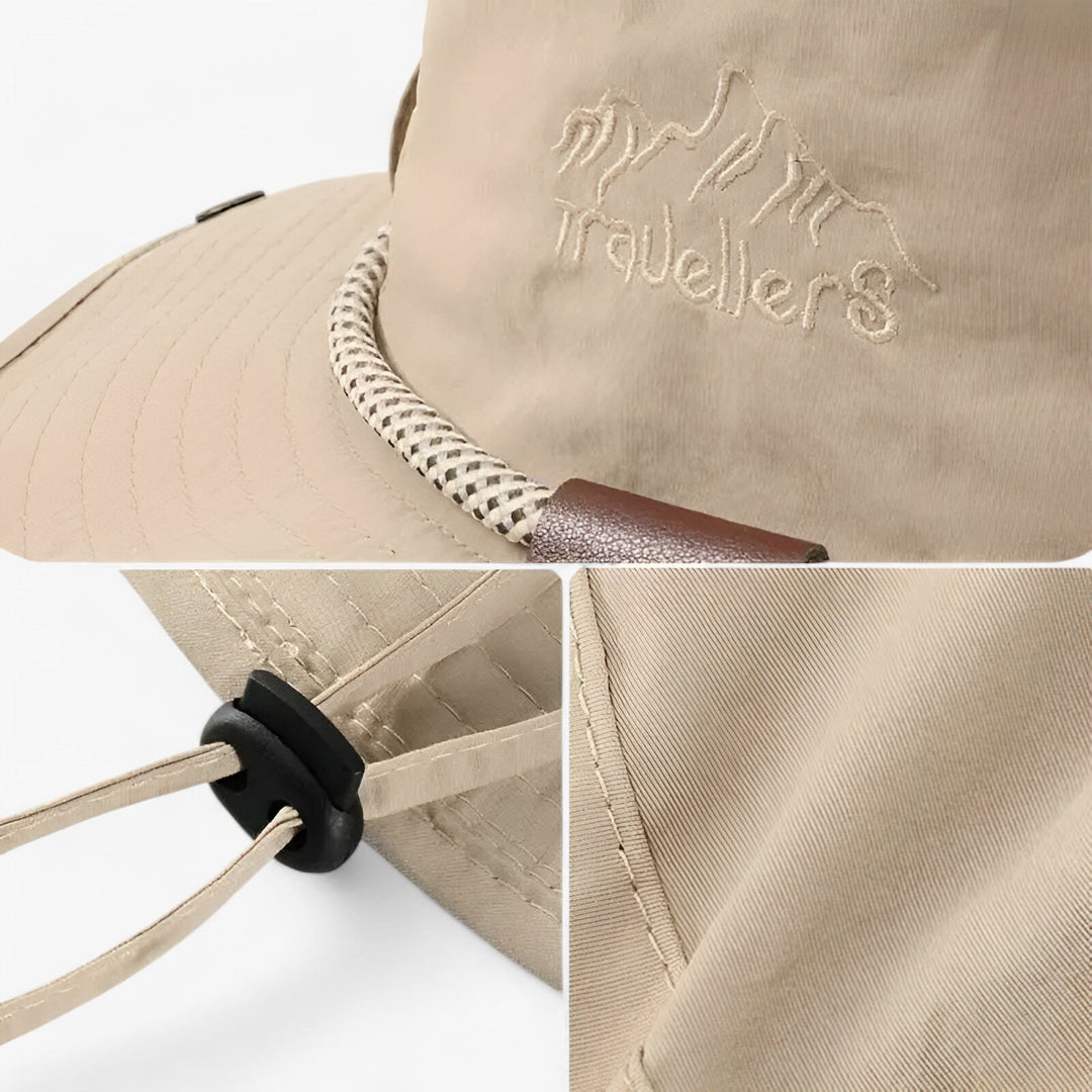 UPF 50+ unisex bucket hat in a dark color, excellent for sun protection during any outdoor or water-based activity.