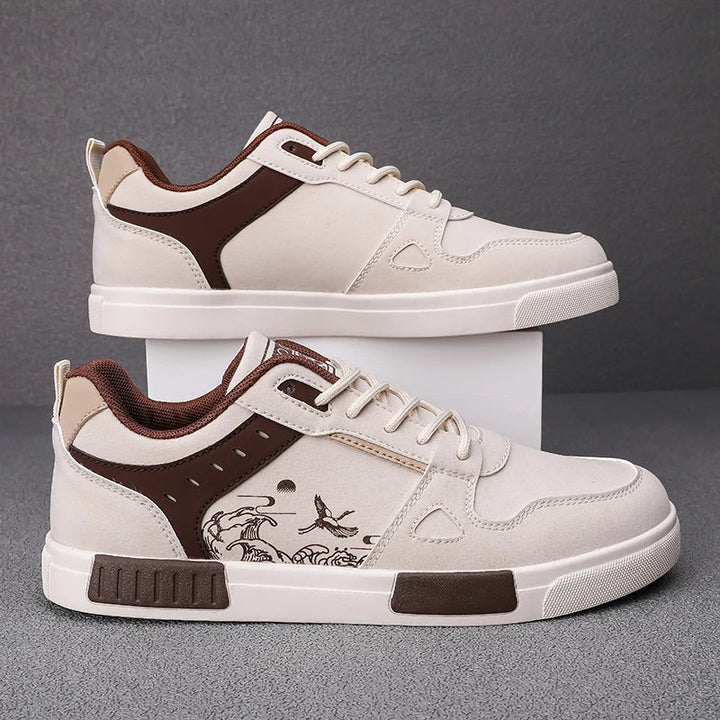 Beige unisex urban sneakers, featuring bold Japanese-inspired art; comfortable street style footwear.