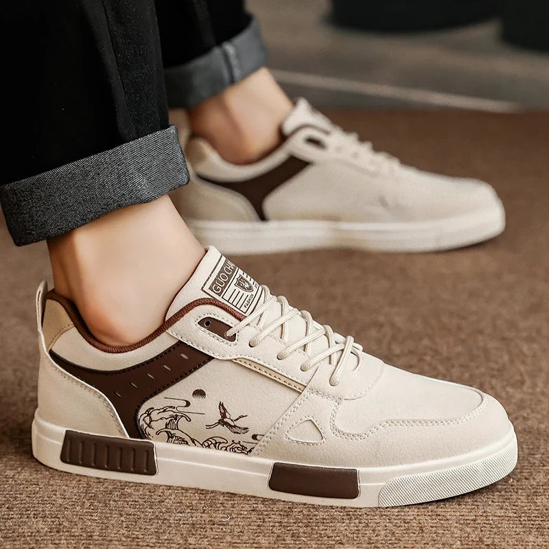 Detailed view of unisex urban sneakers showcasing vibrant Japanese-inspired art, a bold fashion statement.