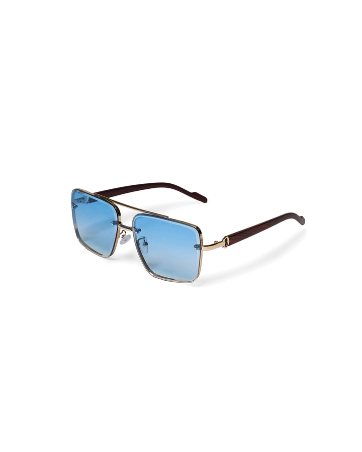 Unisex urban square sunglasses with unique woodgrain arms & gold frame.