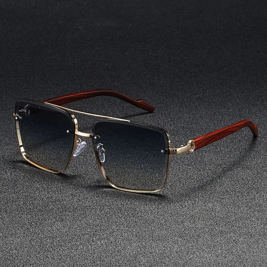 Bold unisex square shades with gold frame, woodgrain arms, perfect for urban style.