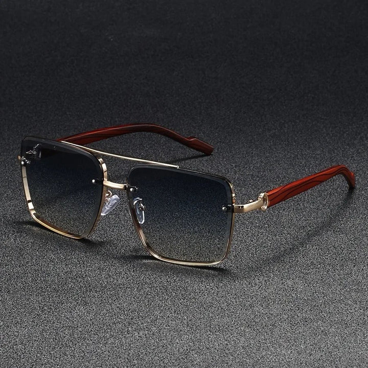 Bold unisex square shades with gold frame, woodgrain arms, perfect for urban style.