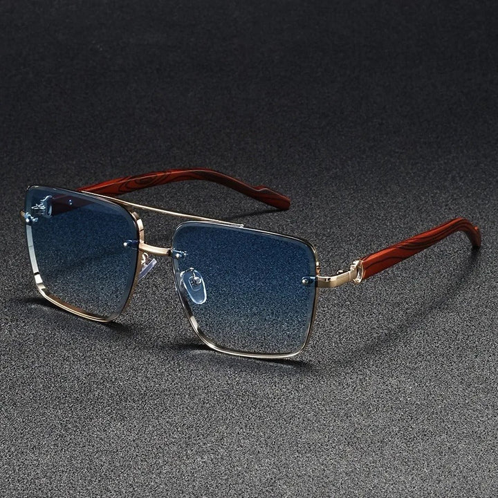 Gold frame unisex square sunglasses with warm woodgrain arms and vibrant multi-color lenses.