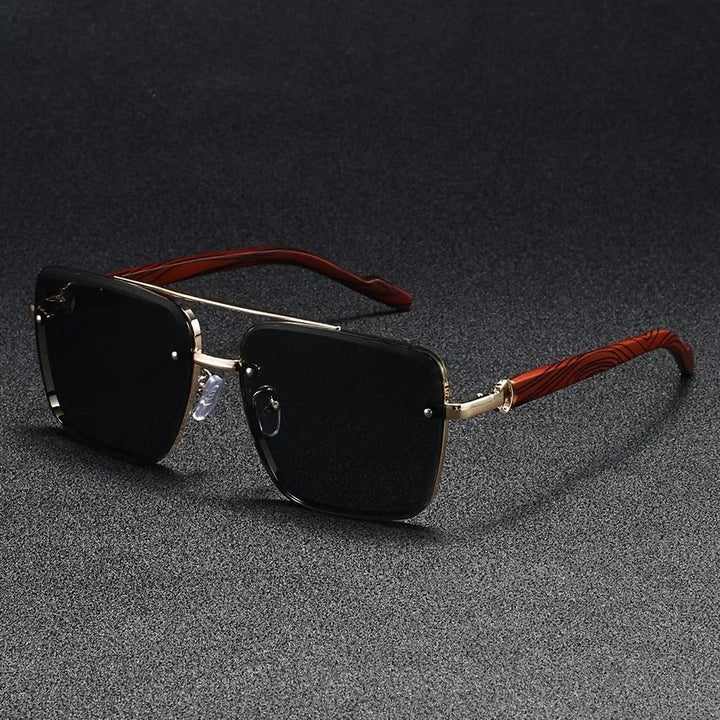 Stylish front view of unisex square sunglasses featuring multi-color lenses & gold frame.