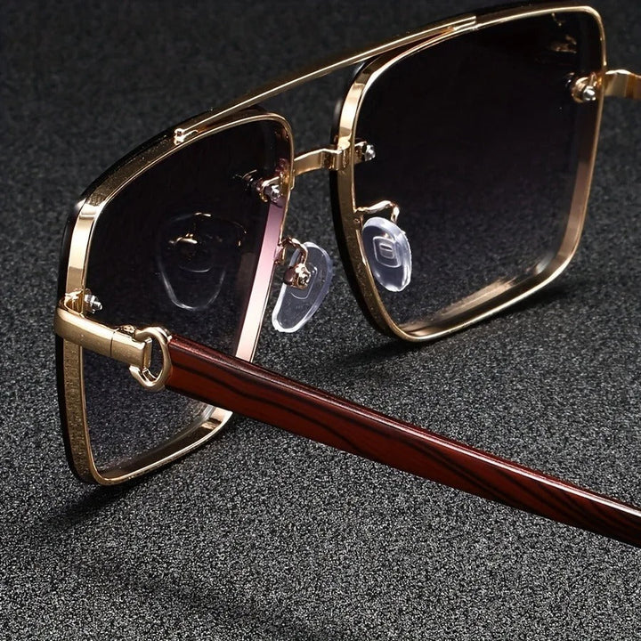 Side profile of trendy unisex urban square sunglasses, highlighting woodgrain arms design.