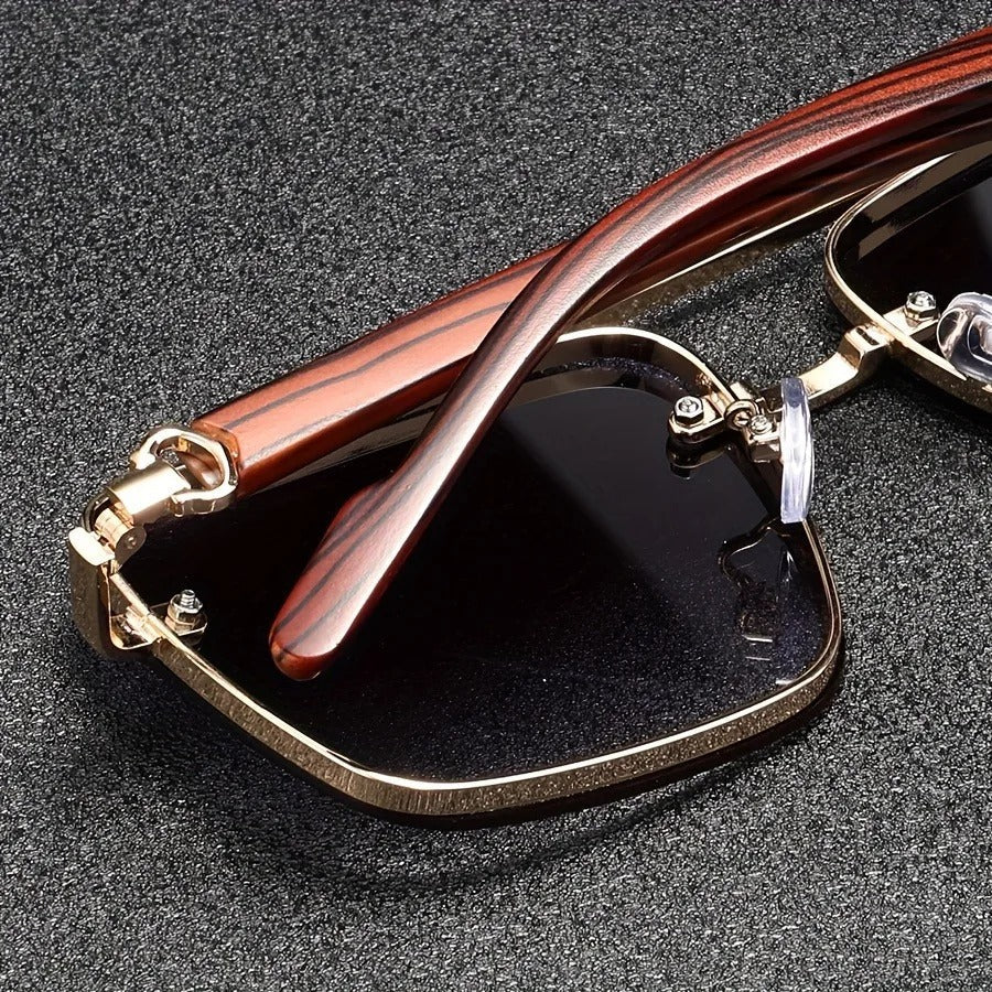 Vintage style unisex square sunglasses for urban fashion, with woodgrain arms & gold accents.