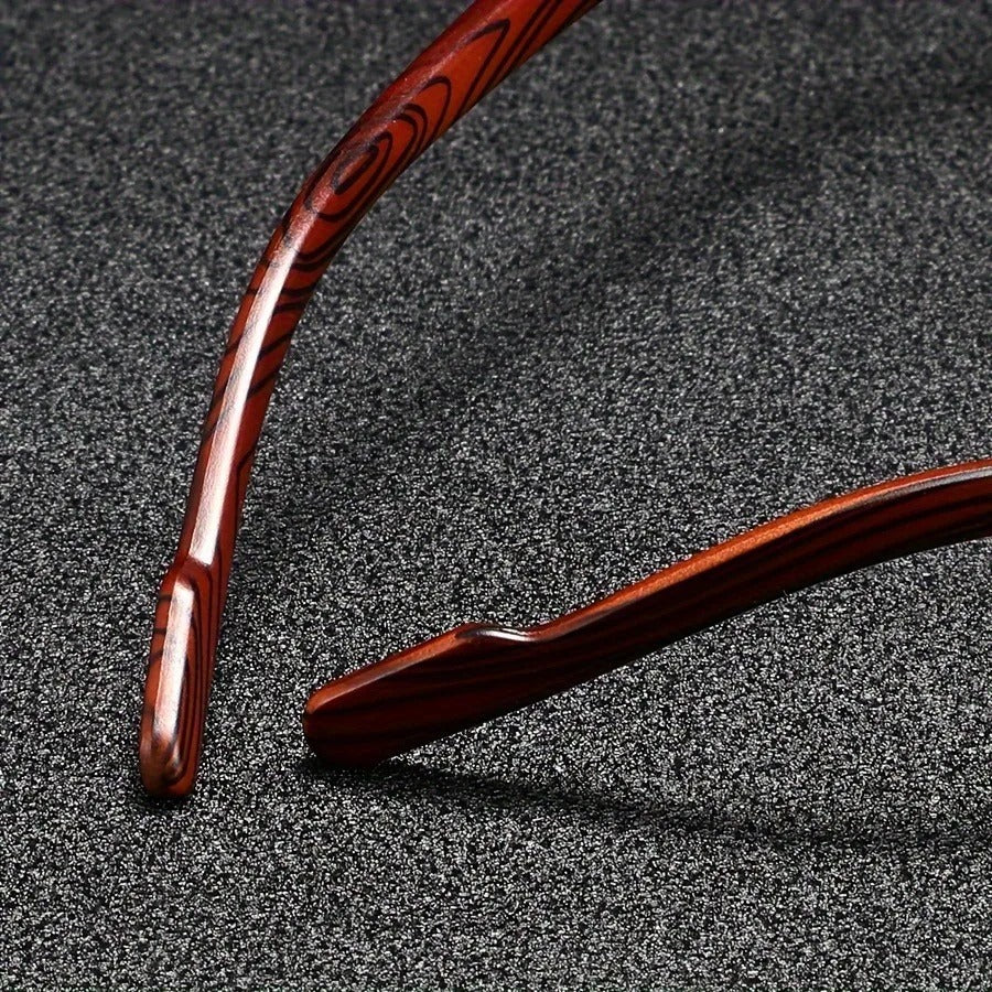 Clean product shot: Unisex urban square sunglasses, gold frame, woodgrain arms & multi-color lenses.