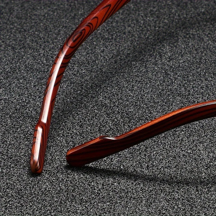 Clean product shot: Unisex urban square sunglasses, gold frame, woodgrain arms & multi-color lenses.