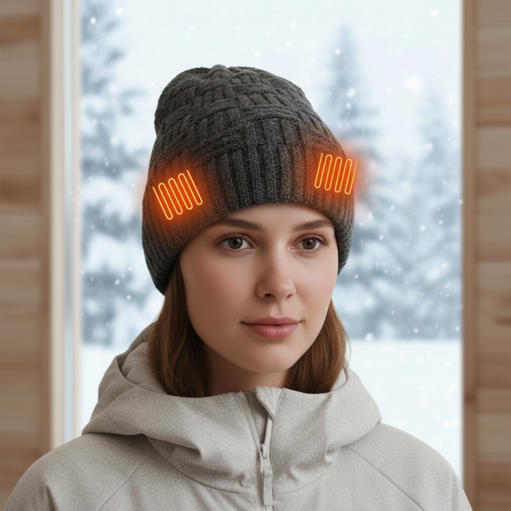 Close-up of a USB rechargeable beanie, showing soft knit texture and integrated heating technology for cold weather