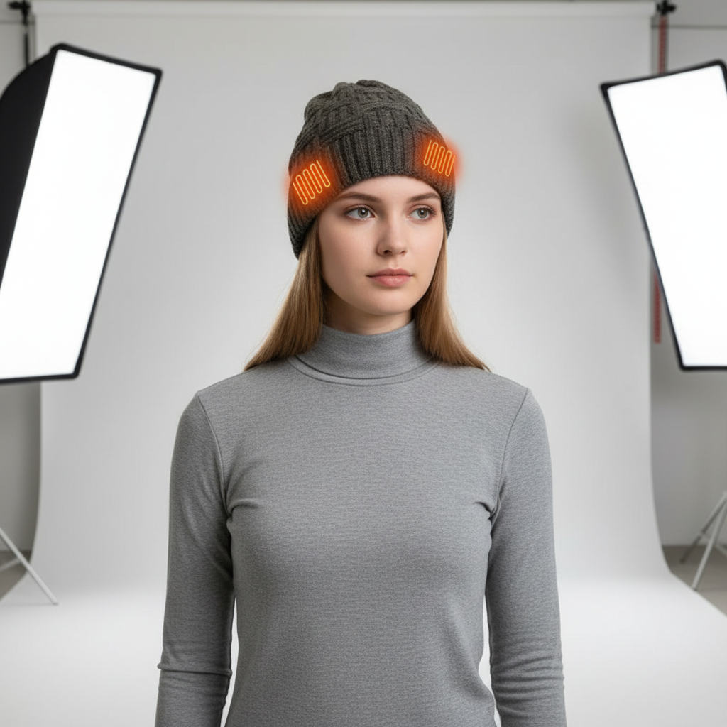 Model wearing a unisex USB heated beanie hat, staying warm during an outdoor winter adventure, front view