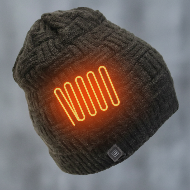 Heated beanie hat connected to a USB power bank, illustrating its rechargeable feature and portability for warmth