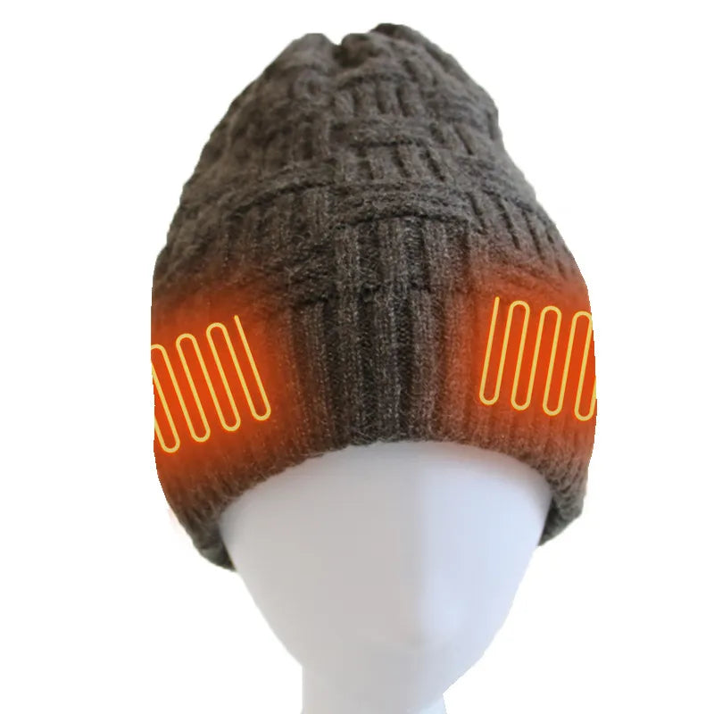 Black USB heated beanie, flat lay, showcasing its design as practical winter headwear and thermal accessory