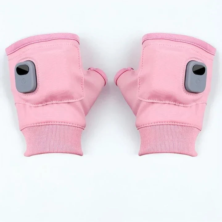 Pink unisex USB heated fingerless gloves providing essential winter warmth for typing, gaming, or cold weather outdoor gear.