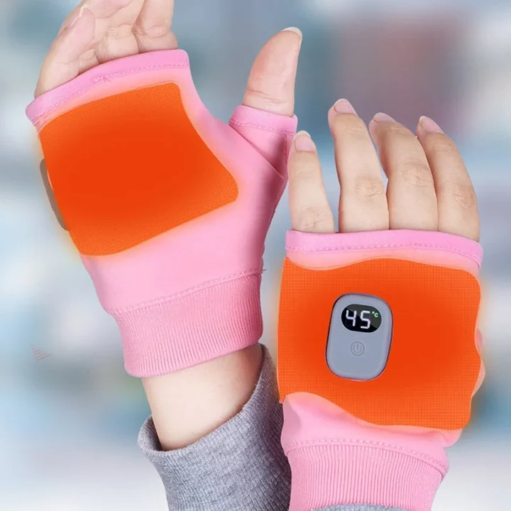 Unisex USB heated fingerless gloves for winter warmth. Rechargeable hand warmers, perfect for cold weather, black or pink.