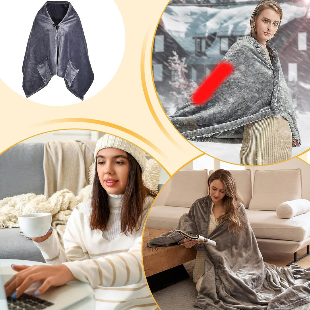 Soft grey USB heated shawl, portable electric wrap offering warmth for neck, shoulders, and back support