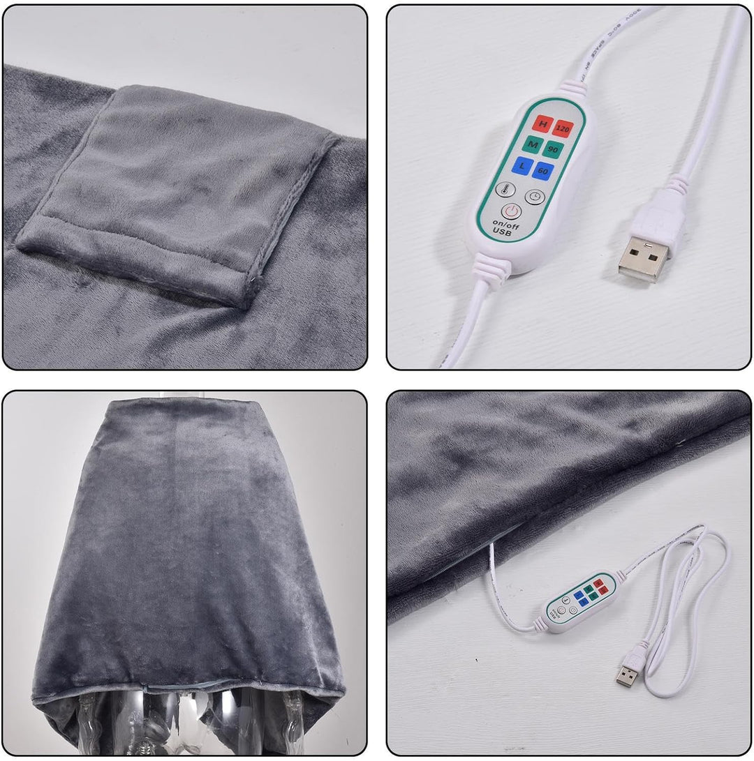 Person wearing plush USB heated shawl, portable electric wrap, enjoying warmth, a perfect winter accessory