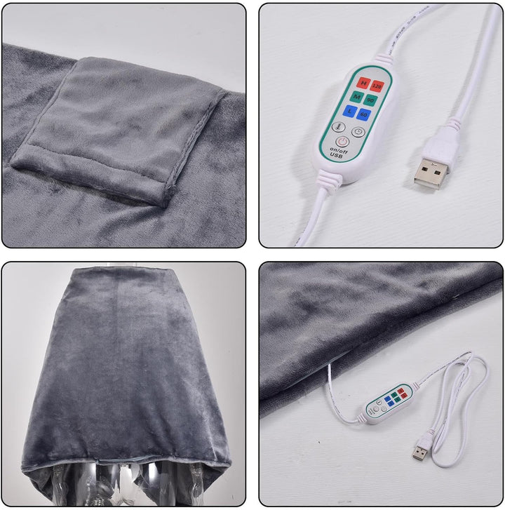 Person wearing plush USB heated shawl, portable electric wrap, enjoying warmth, a perfect winter accessory