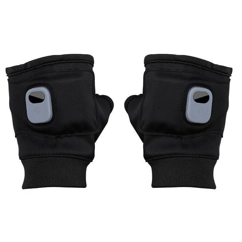 Black unisex USB rechargeable heated fingerless gloves. Essential winter gear for warmth during outdoor activities.