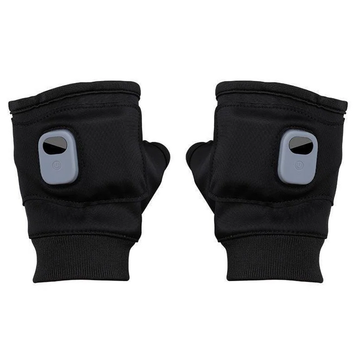 Black unisex USB rechargeable heated fingerless gloves. Essential winter gear for warmth during outdoor activities.