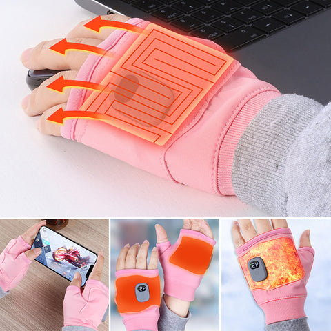Comfortable pink USB rechargeable fingerless heated gloves. Great for keeping hands warm during outdoor winter activities.
