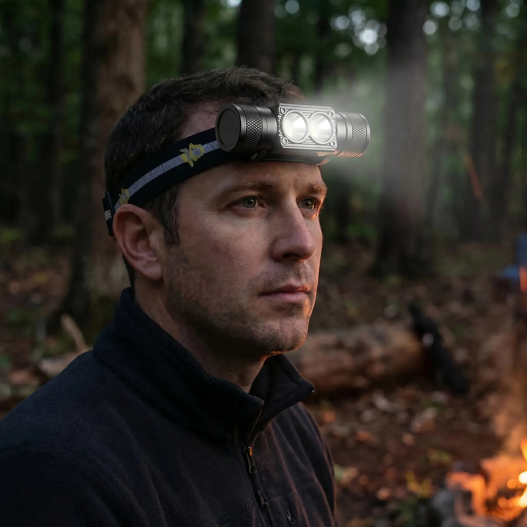 Unisex USB rechargeable LED headlamp for hands-free outdoor activities like camping, hiking, and fishing.