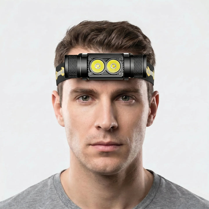 Person wearing a bright LED headlamp, ideal for hands-free hiking, camping, or night fishing adventures.