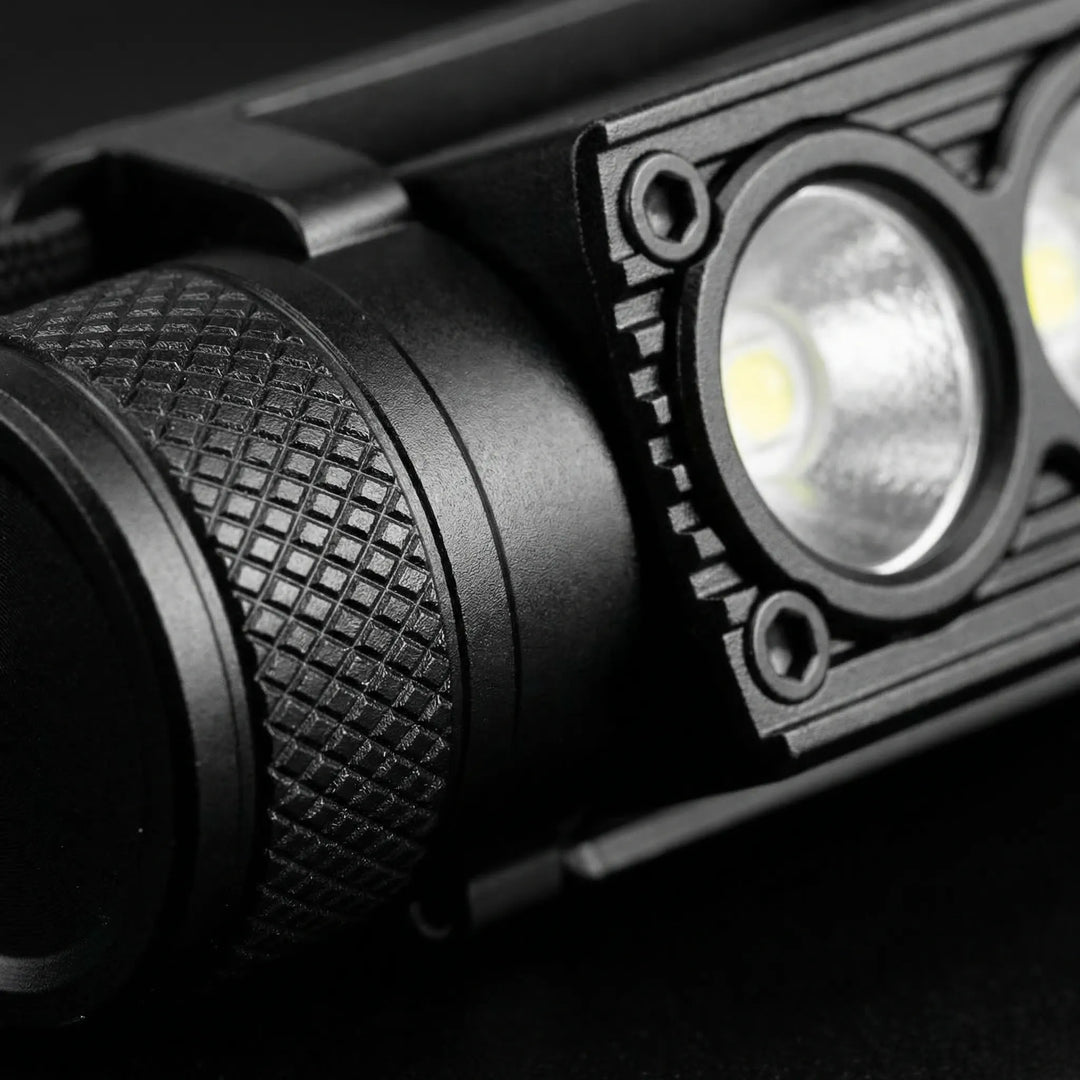 Close-up of a USB rechargeable LED headlamp, perfect for reliable, hands-free light during outdoor emergencies.