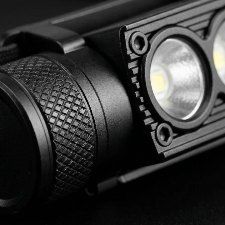 Close-up of a USB rechargeable LED headlamp, perfect for reliable, hands-free light during outdoor emergencies.