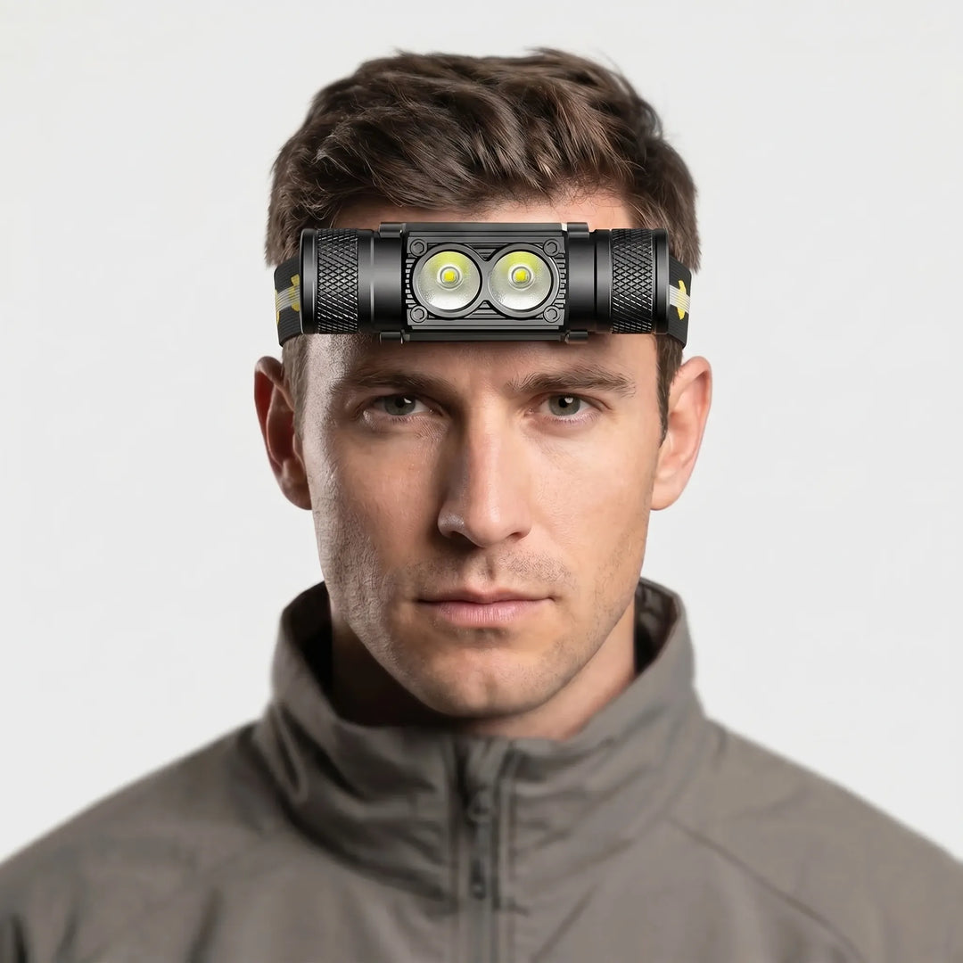 Durable LED headlamp, USB rechargeable & hands-free, essential outdoor gear for camping, hiking, and fishing.