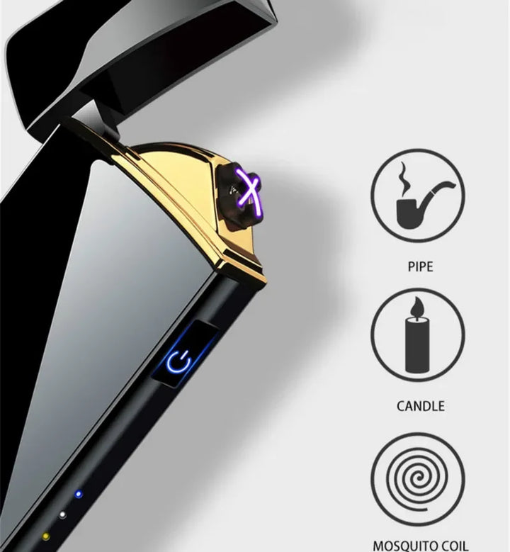 Sleek electric plasma lighter, USB rechargeable, windproof, ideal for outdoor gear.
