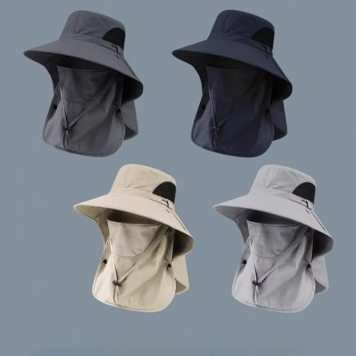 Quick-dry unisex fishing hat, UPF 50+ UV protection, wide brim, neck flap for camping gear.