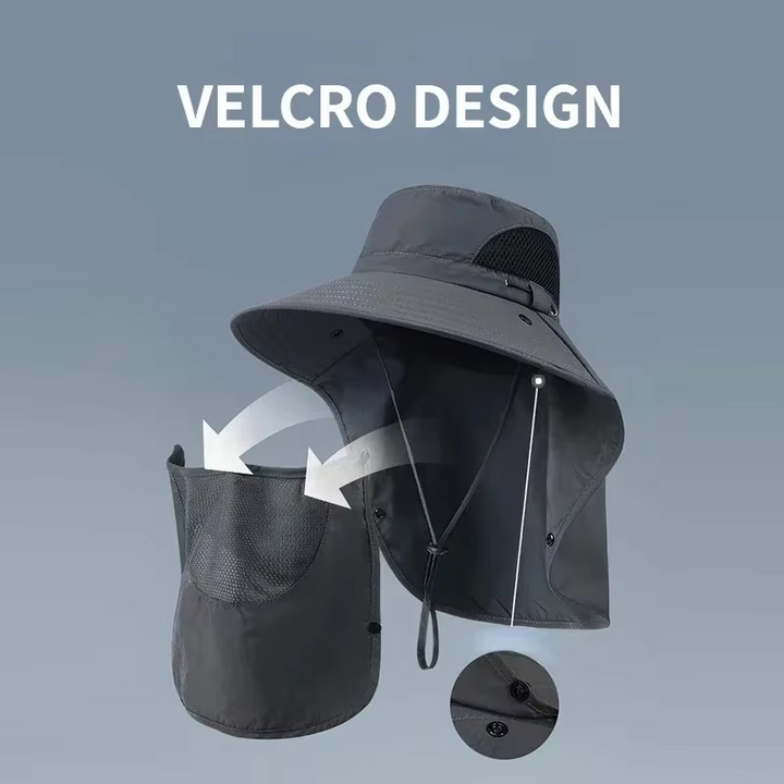 Durable outdoor sun hat for men & women, wide brim, neck flap, excellent UV sun protection.