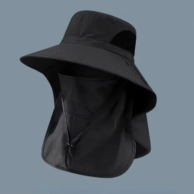 Full coverage sun protection hat: wide brim, long neck flap, UPF 50+, ideal for hiking & fishing.