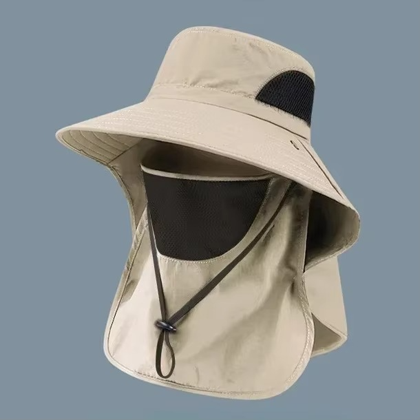 Breathable outdoor sun hat with wide brim, neck flap, UPF 50+ UV protection for all activities.